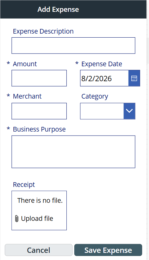 Add Expense screen with amount, date, merchant, category, purpose, and receipt upload