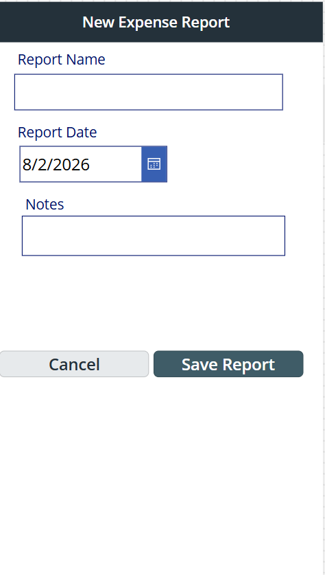 New Expense Report screen with report name, date, notes, and save controls